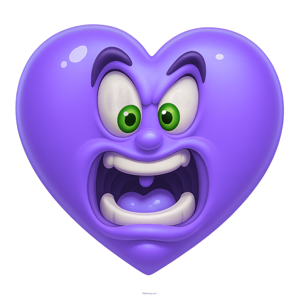 Cartoon purple heart emoji with shocked expression, bulging green eyes, open mouth