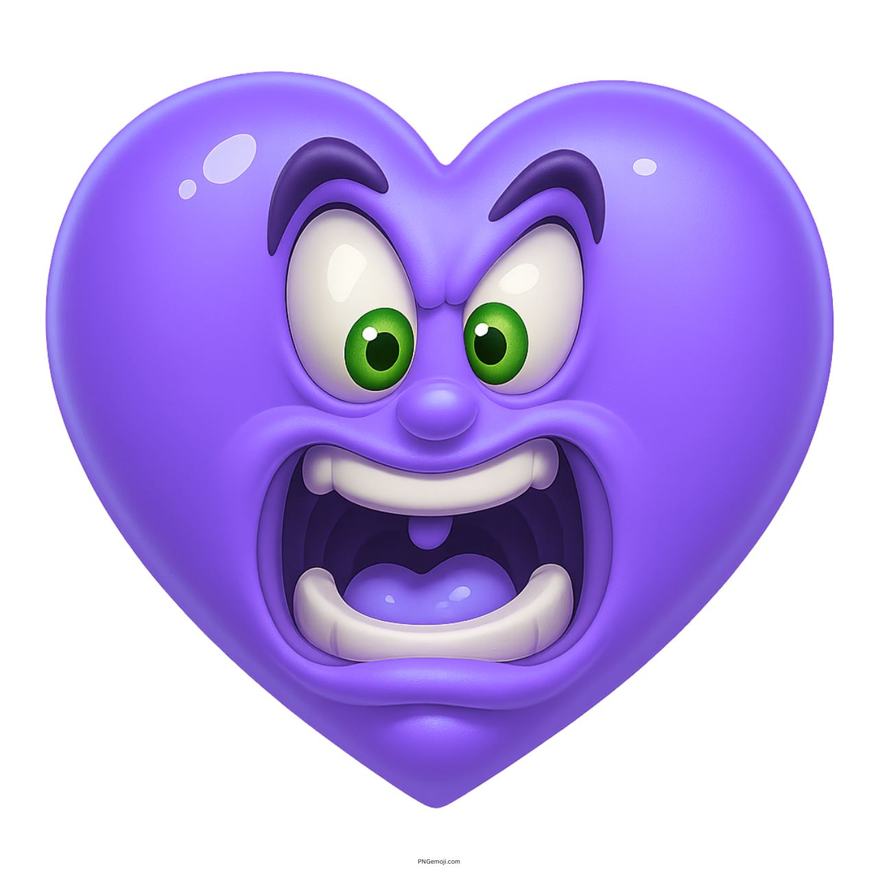 Cartoon purple heart emoji with shocked expression, bulging green eyes, open mouth