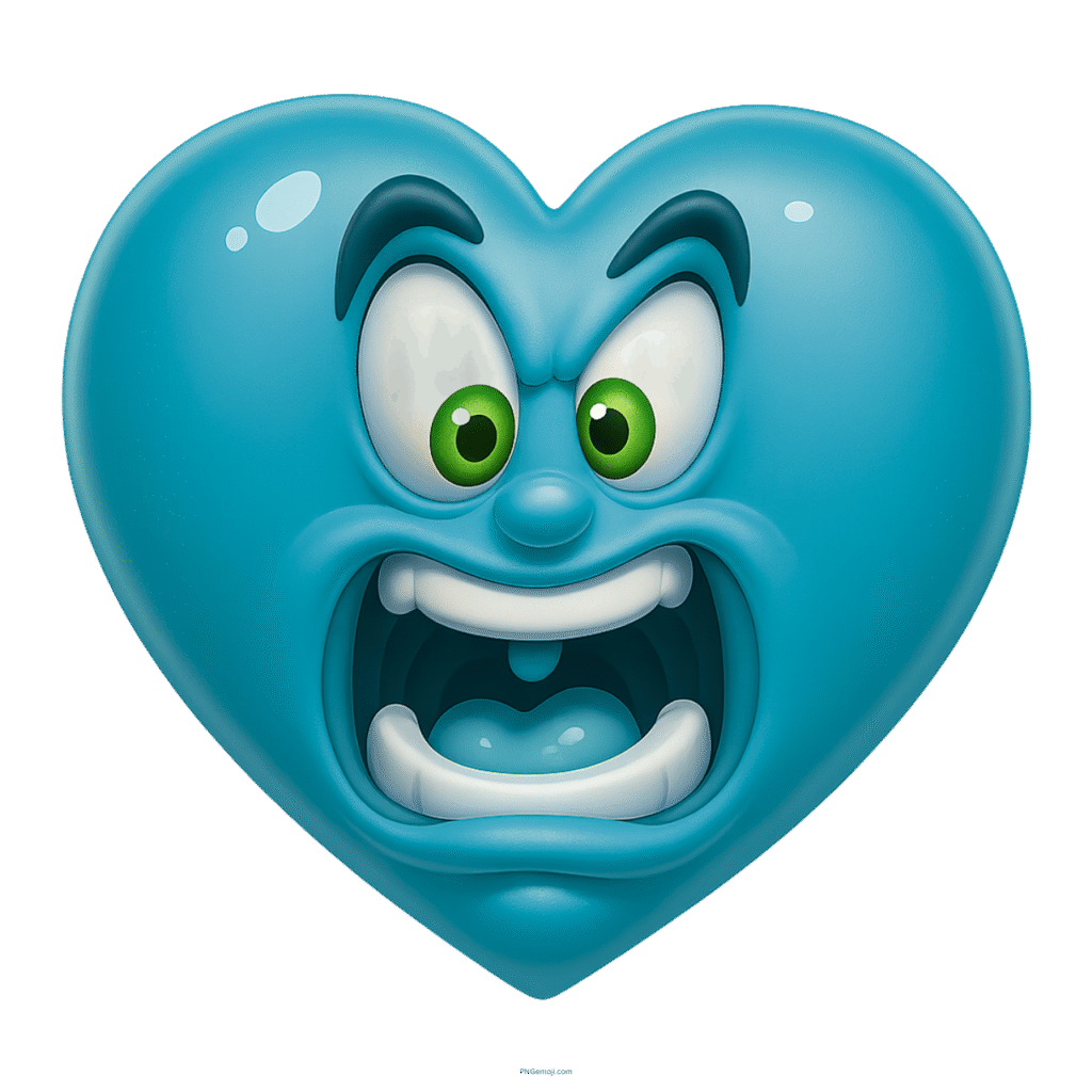 Cartoon teal heart emoji with wide green eyes and open mouth in shock
