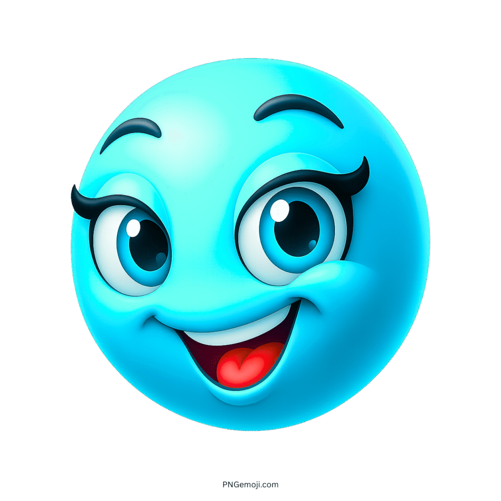 Glossy blue emoji with big eyes, long lashes, happy smile and excited cartoon expression
