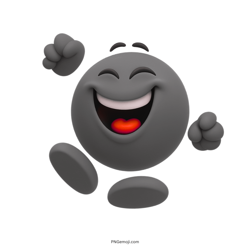 Cheerful gray 3D emoji jumping for joy with big smile and raised fists