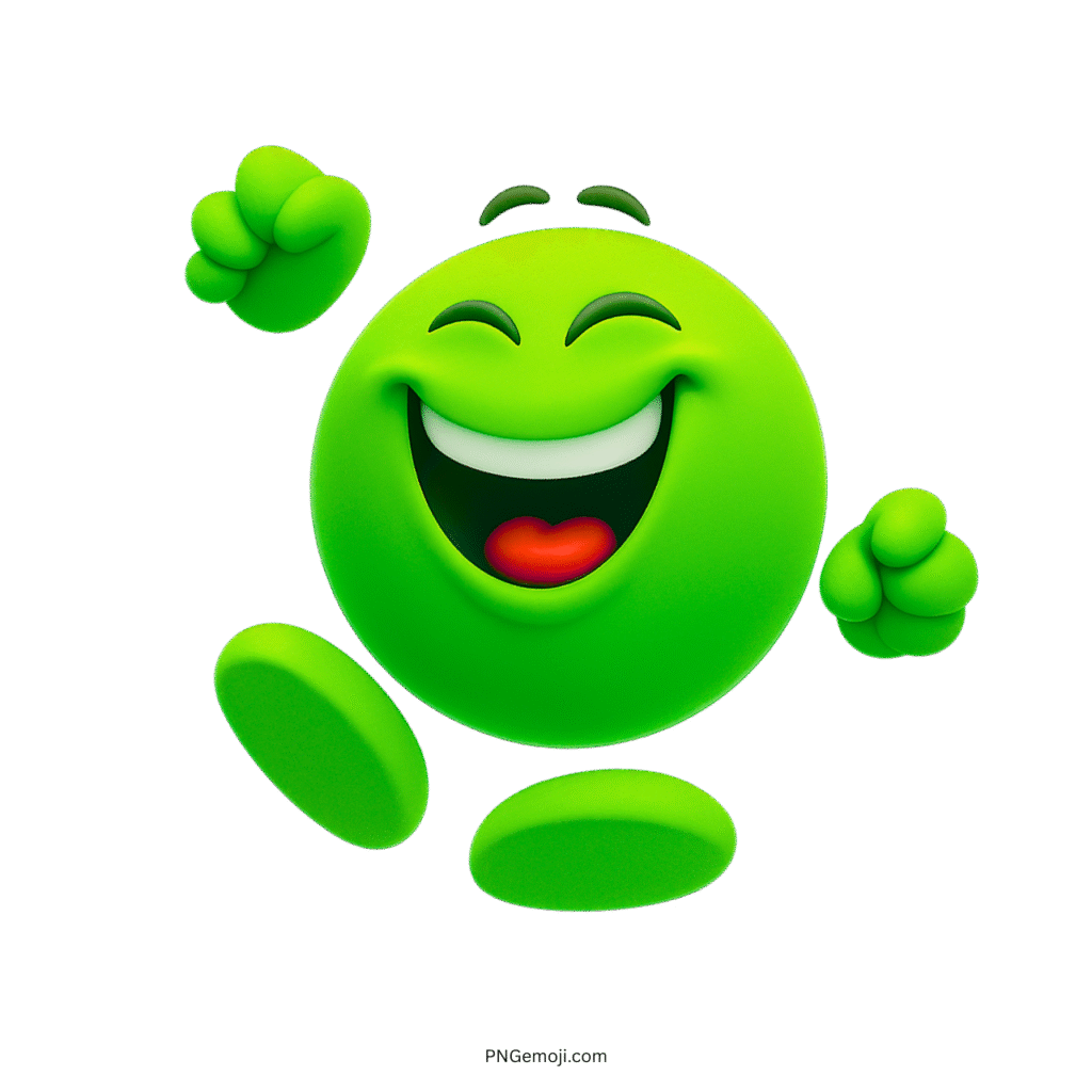 Happy green 3D emoji jumping for joy with hands up and a big smile