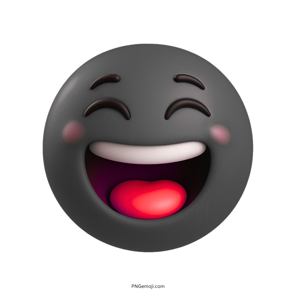 3D black cheerful emoji with wide smile and glowing red tongue