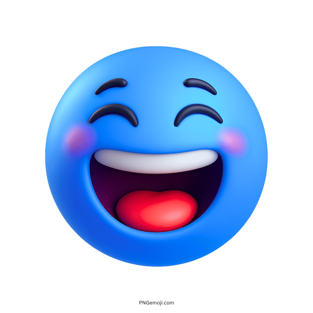 3D cheerful grin emoji with wide smile and blushing blue face