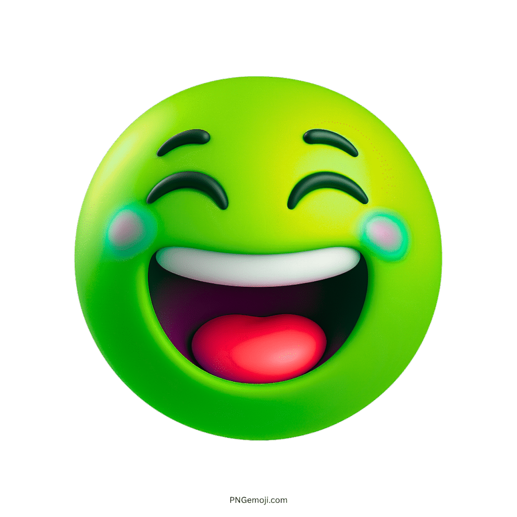 3D green happy emoji with wide open mouth and cute blushing cheeks