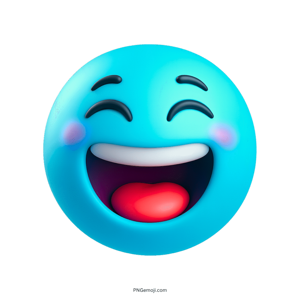 3D light blue emoji with smiling eyes, open mouth, and glowing cheeks