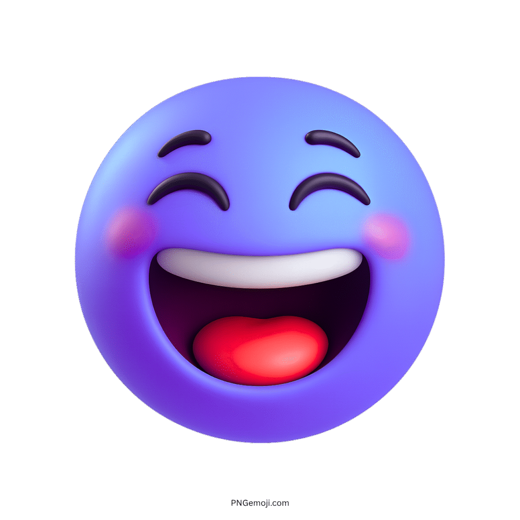 3D purple emoji with wide smile, blushing cheeks, and joyful laughing expression