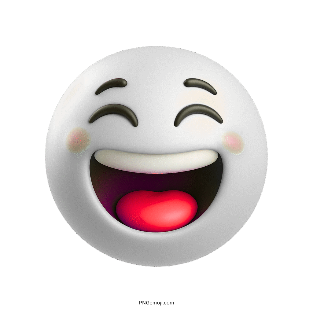 3D white happy emoji with big smile, glowing tongue, and blushing cheeks