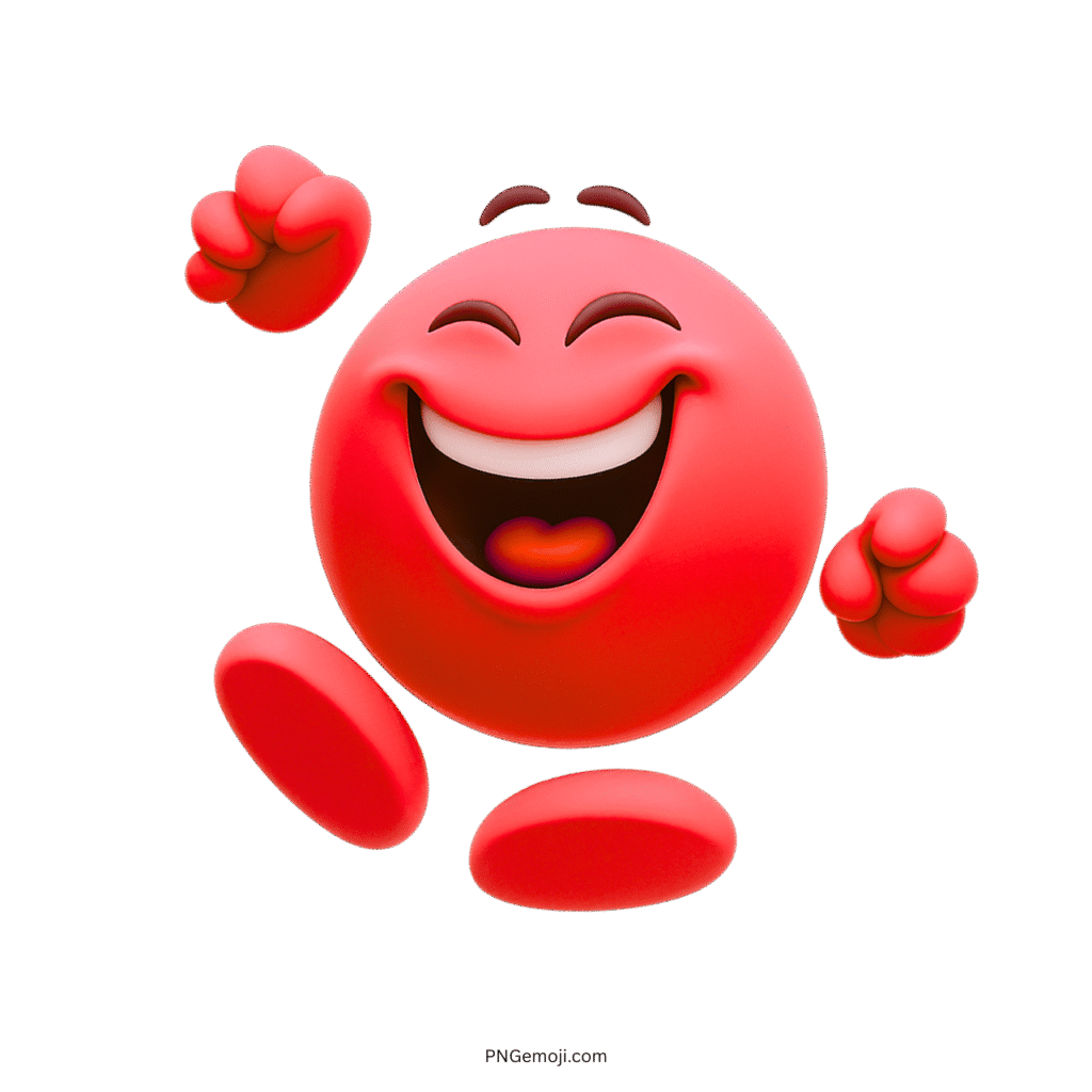 Happy red 3D emoji jumping with joy, hands raised and big smile