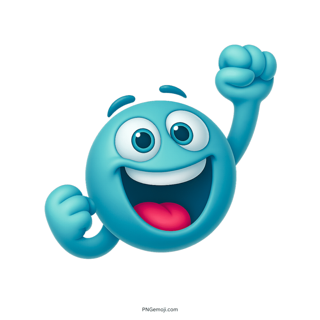 Blue emoji character smiling wide and raising fists in joyful cartoon 3D style