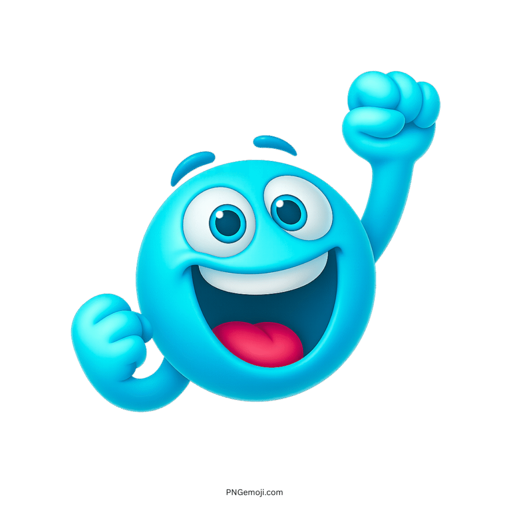 Cheerful blue smiley emoji raising fists in joy and excitement cartoon style