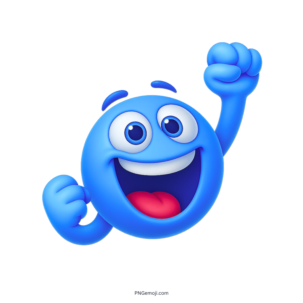3D blue cheering smiley emoji with raised fists and happy excited facial expression