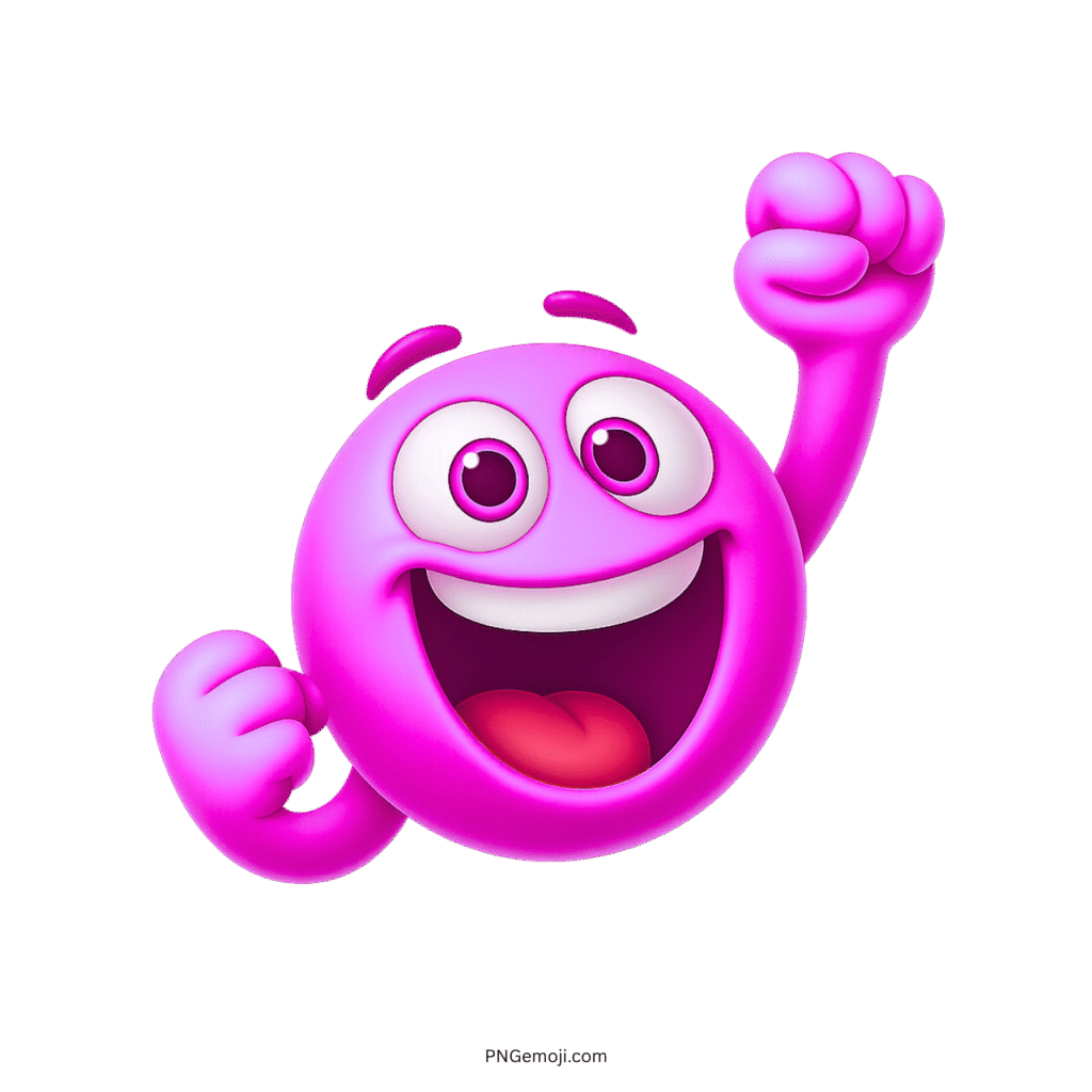 Pink smiling emoji raising arms in joyful celebration cartoon-style expression of excitement