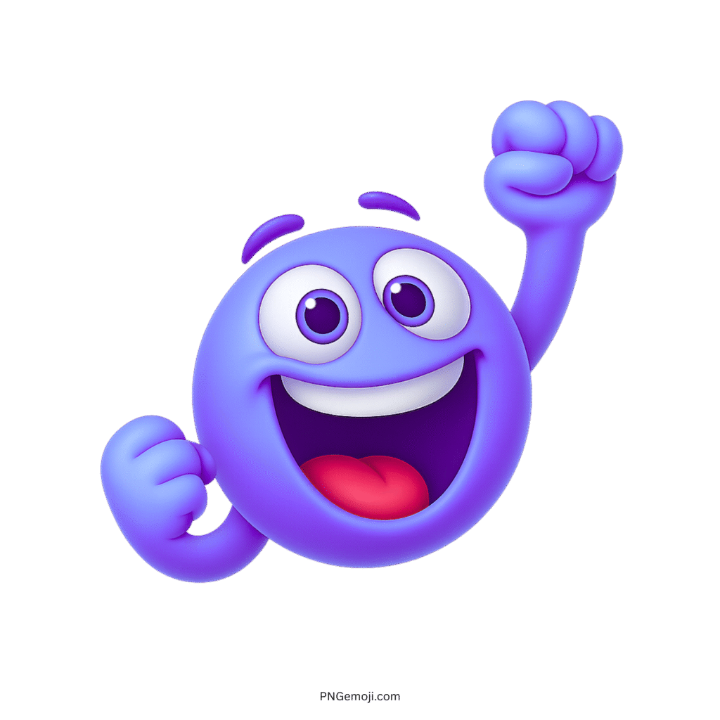 Purple happy emoji raising fists with joyful celebration and excitement cartoon expression