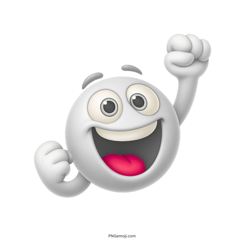 White smiling emoji raising fists with excitement in cheerful 3D cartoon style
