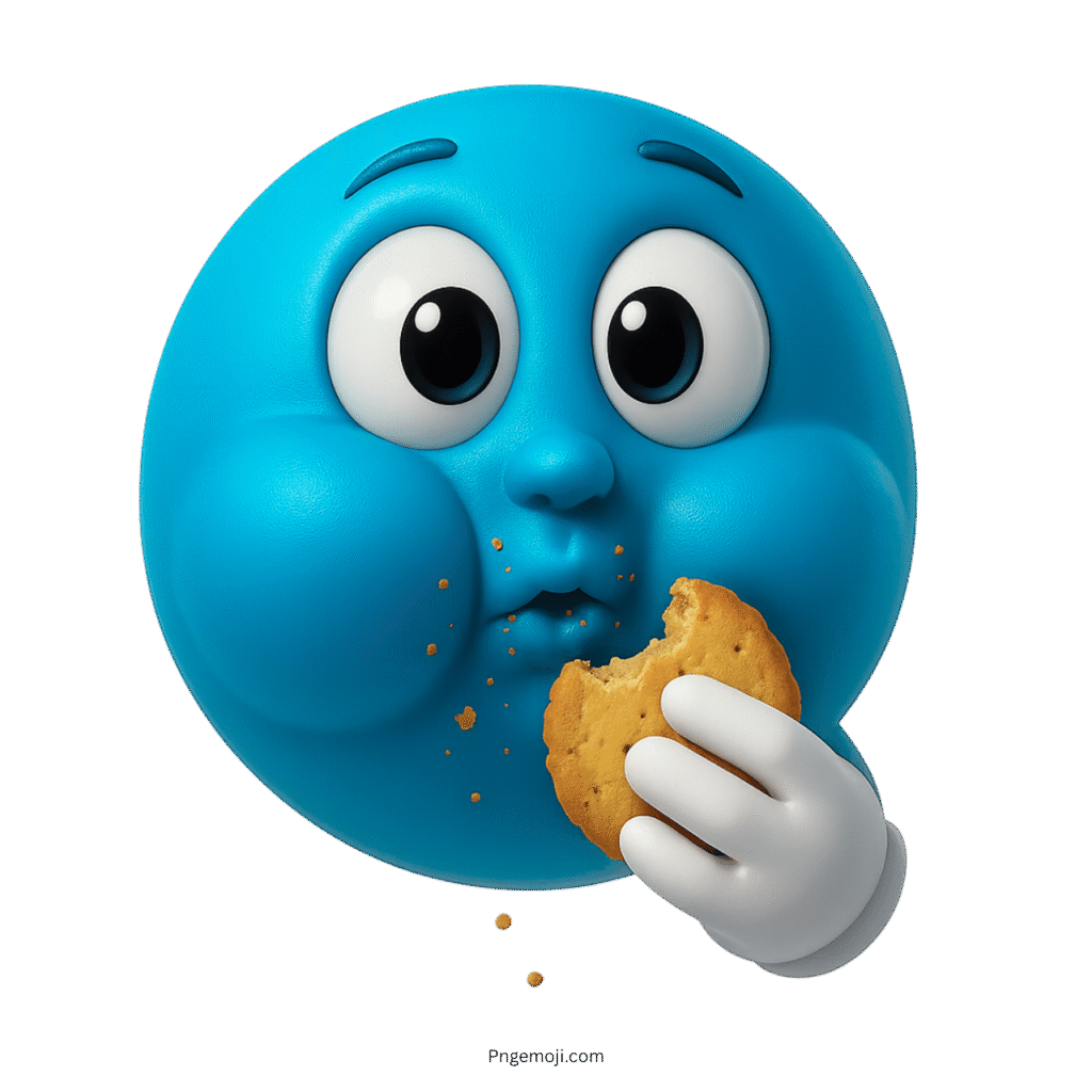 Blue emoji with chubby cheeks munching a cookie and dropping crumbs