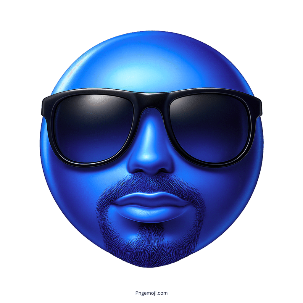 Glossy blue 3D emoji face with beard and black sunglasses, cool confident expression