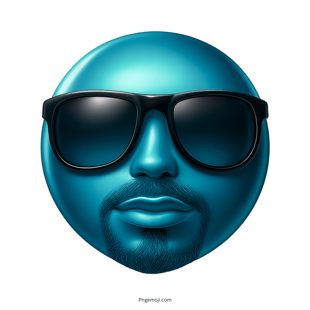 Blue emoji face with beard and black sunglasses in shiny 3D cartoon style