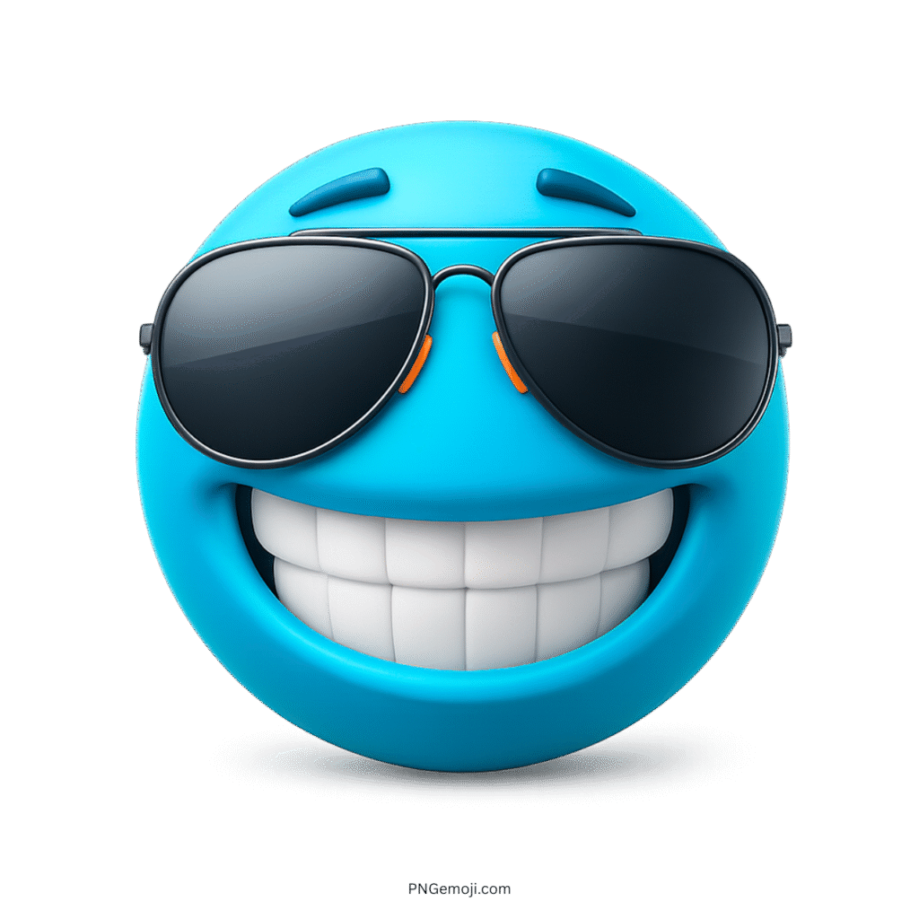 Cool blue smiling emoji wearing black sunglasses with confident expression in 3D style
