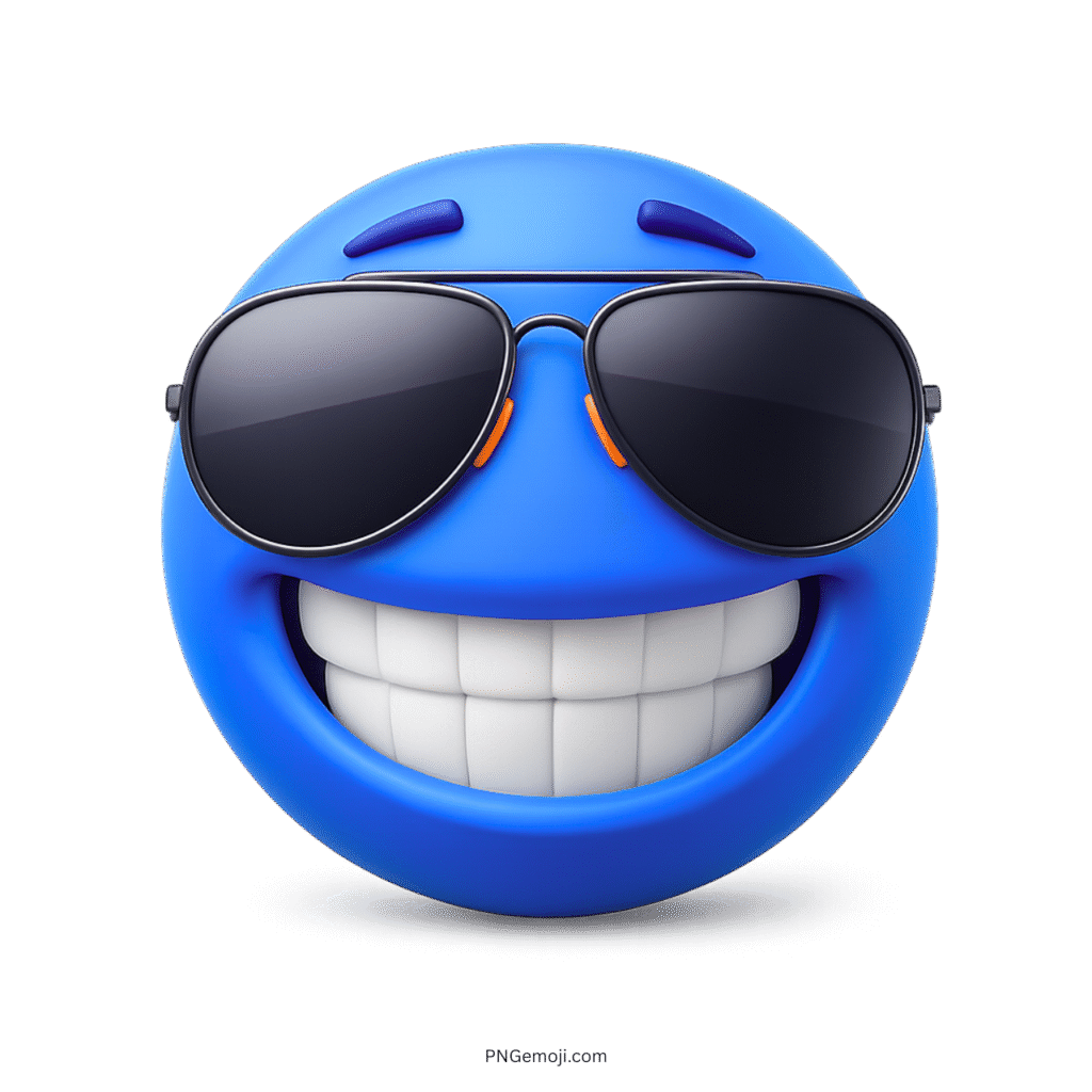 Cool blue smiling face emoji wearing black sunglasses with wide toothy grin in 3D