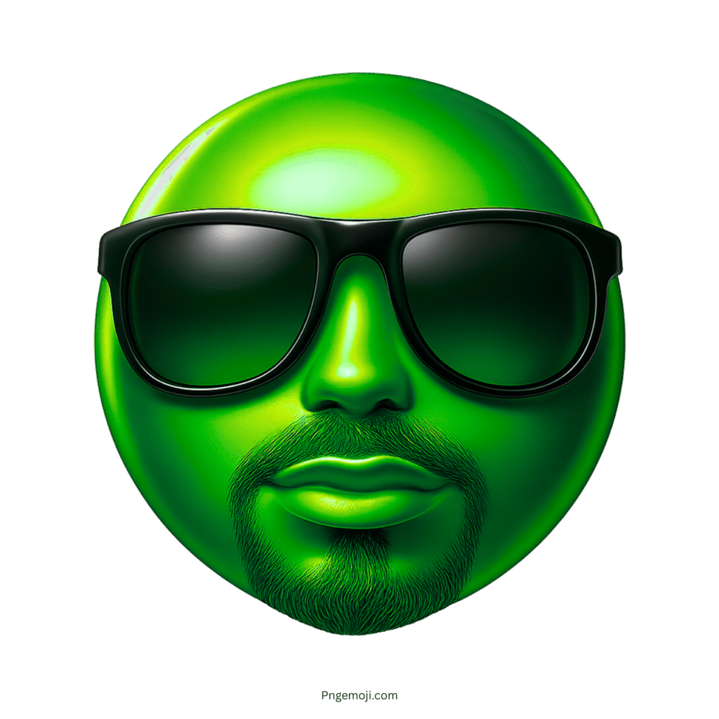 Cool green emoji face with beard wearing black sunglasses in 3D cartoon style