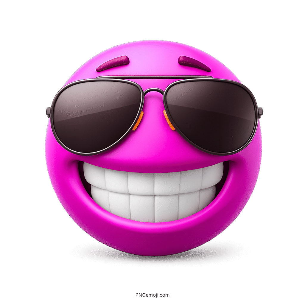 Pink smiling emoji with shiny sunglasses showing happy and confident cool expression