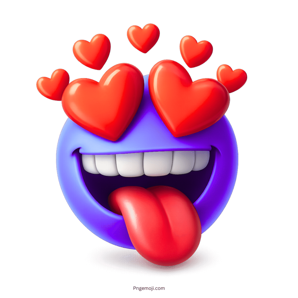 Funny purple emoji with heart eyes, big smile, and tongue out showing crazy love.