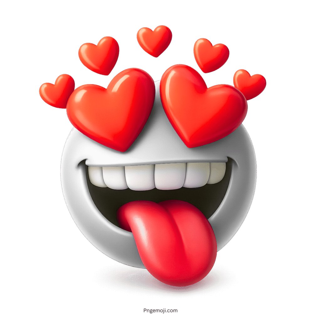 Funny white emoji with heart eyes and tongue out showing intense romantic expression.