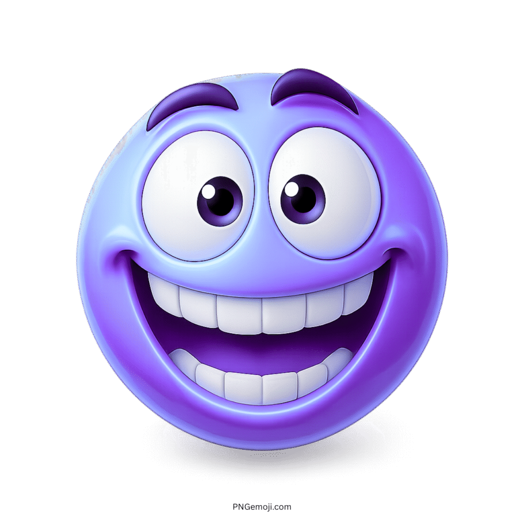 Bluish-purple emoji with big white teeth and wide crazy eyes