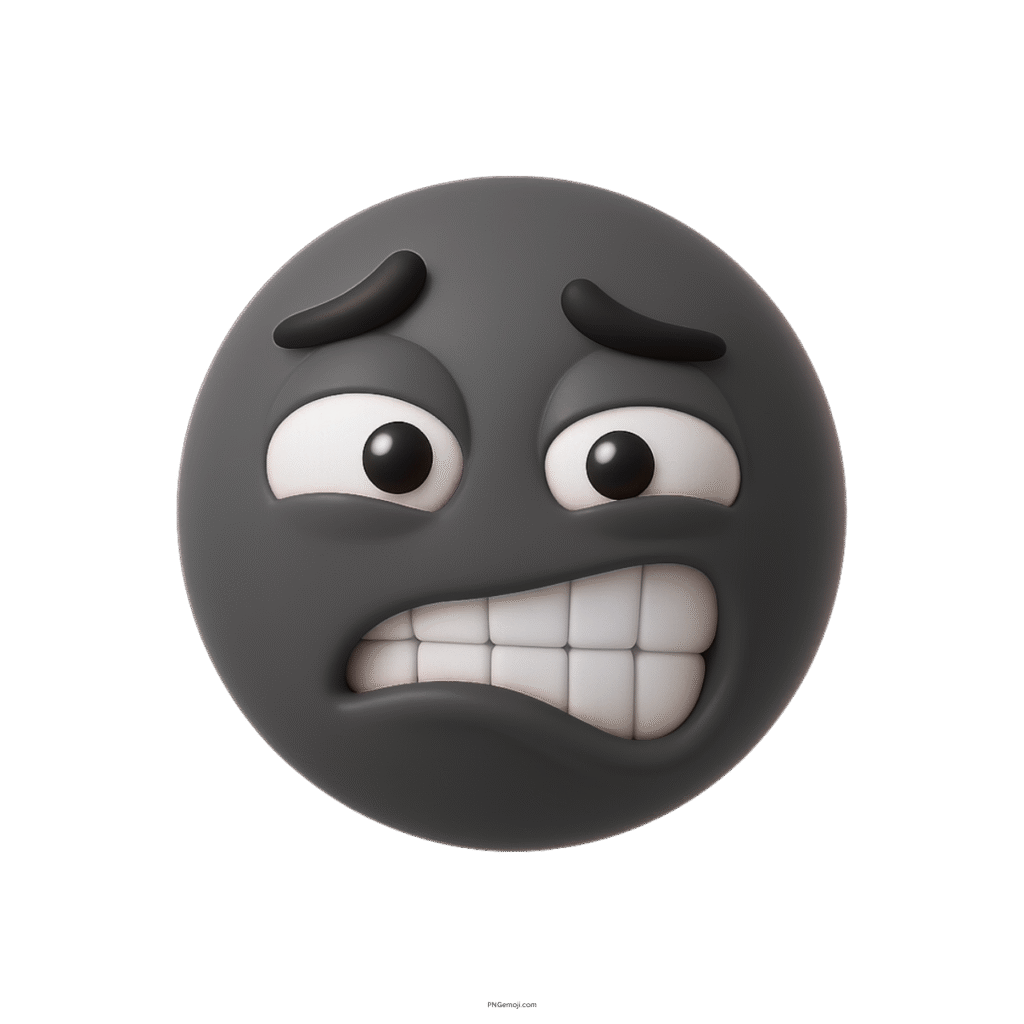 Cringed face emoji with nervous smile and raised eyebrows in dark 3D style.