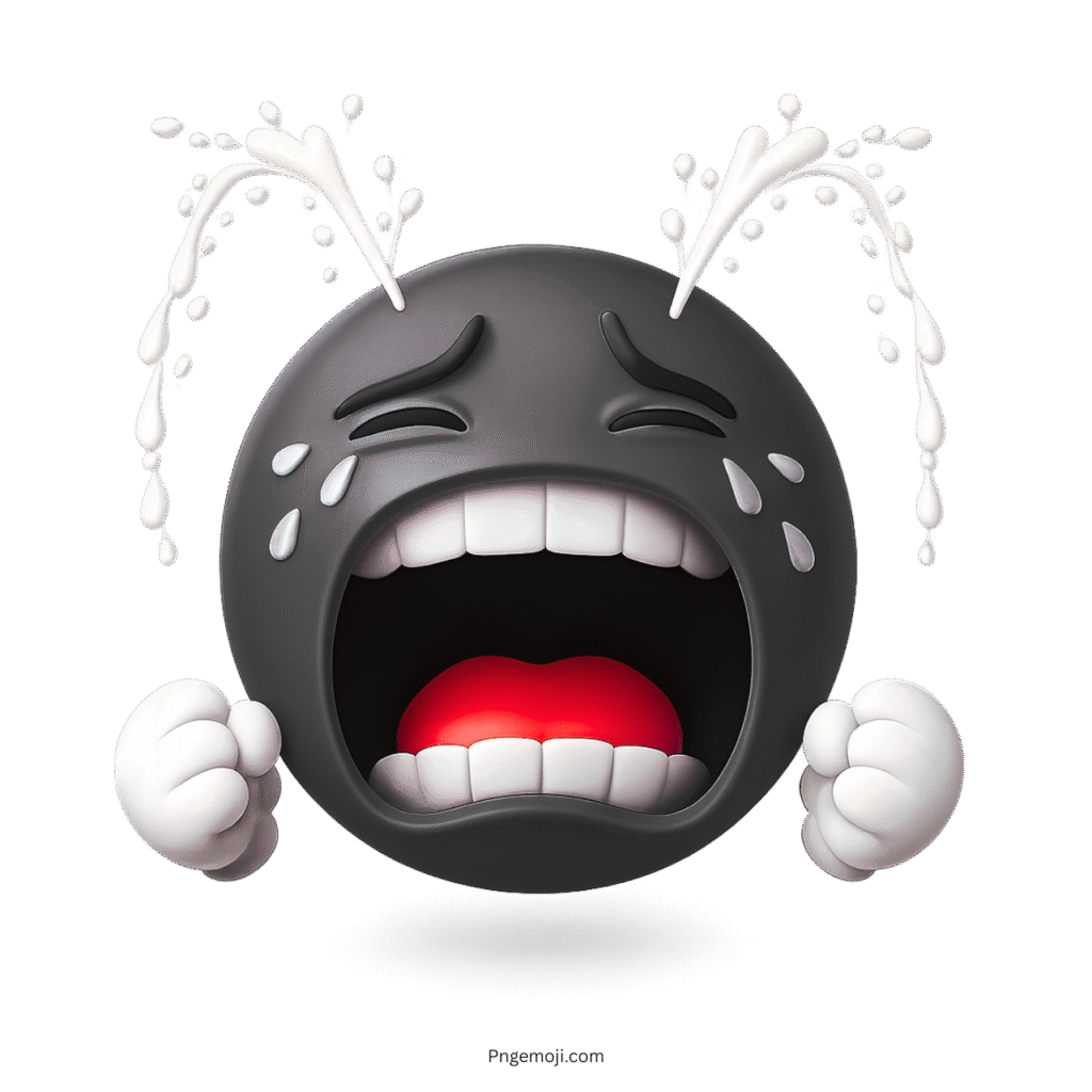 3D black crying emoji with fountain tears and clenched fists, extreme sadness expression