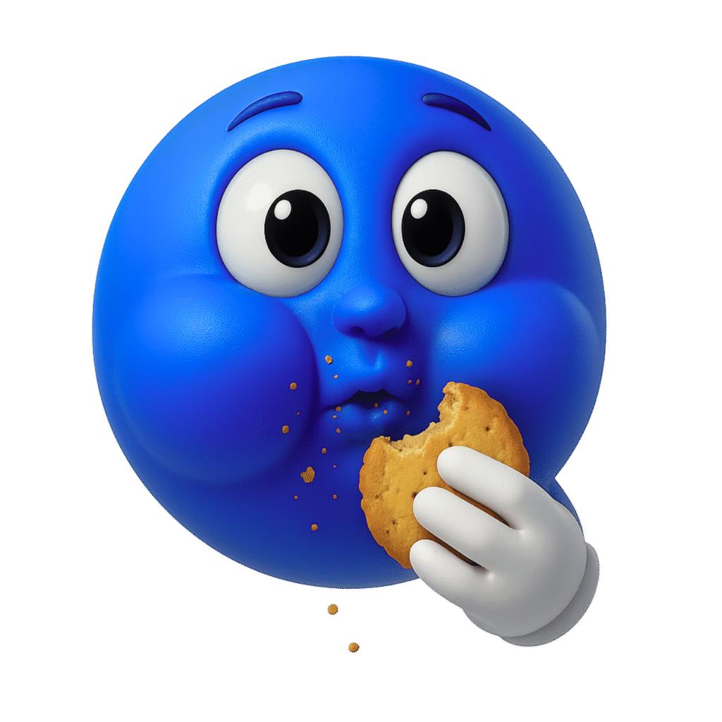 Blue 3D emoji munching cookie with puffed cheeks and wide surprised eyes