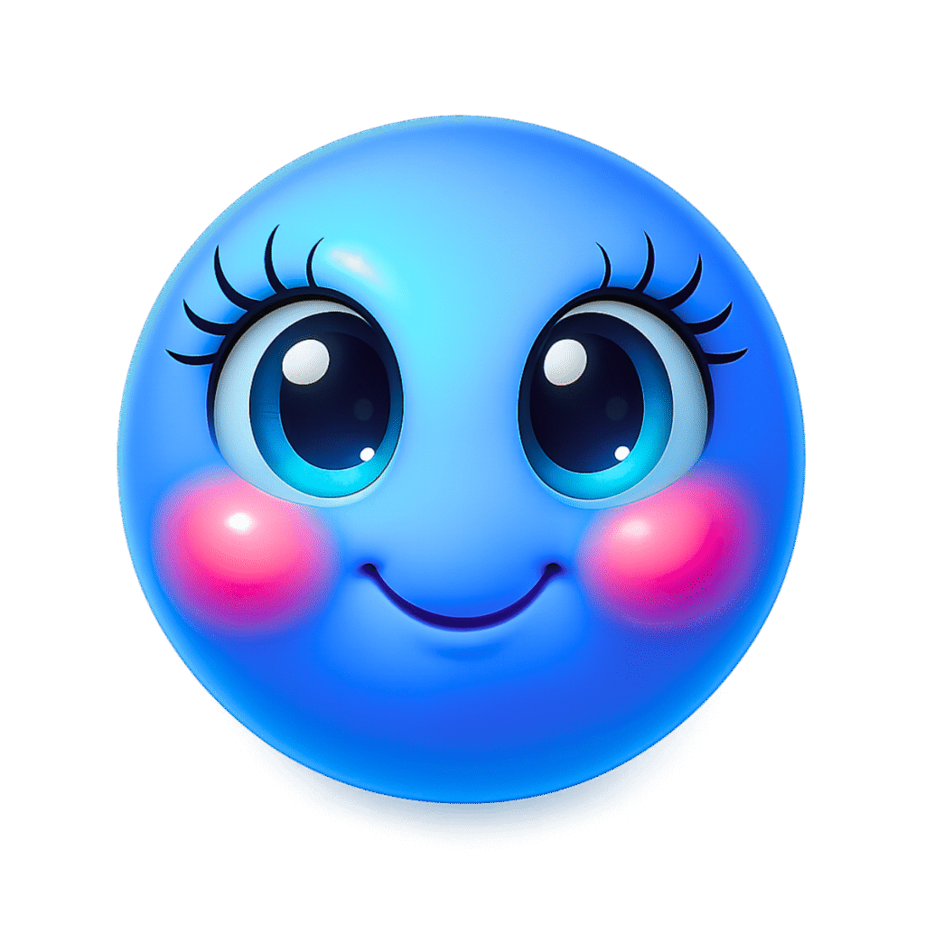 Glossy sky-blue emoji with cute eyes, pink cheeks, and an innocent smile