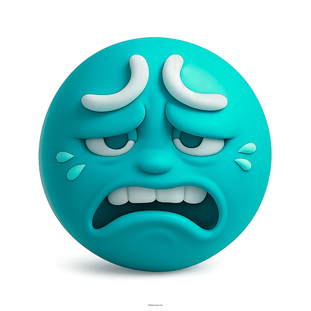 Cyan 3D emoji with grossed-out face, frown, arched brows, and teardrops