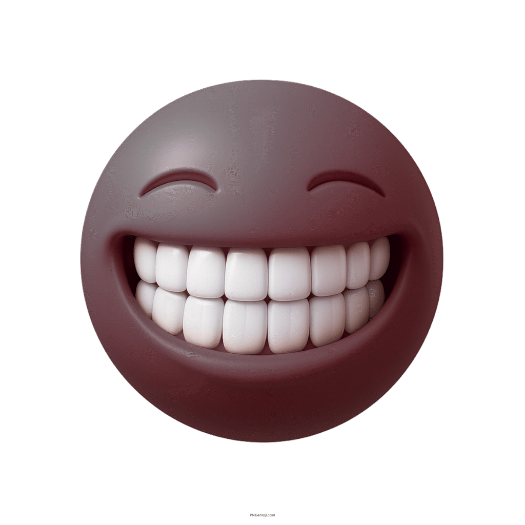 3D dark brown smiley emoji with perfect white teeth and closed happy eyes