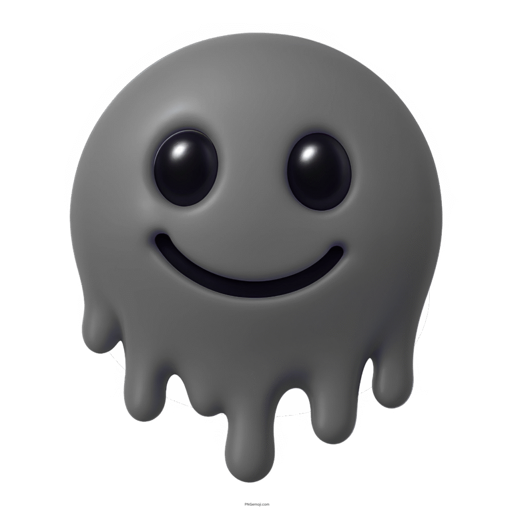 3D dark gray melting smiley emoji with dripping effect and glossy black eyes