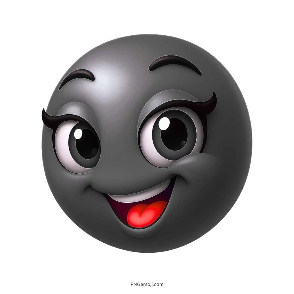 Dark gray 3D smiley face emoji with expressive eyes and joyful smile