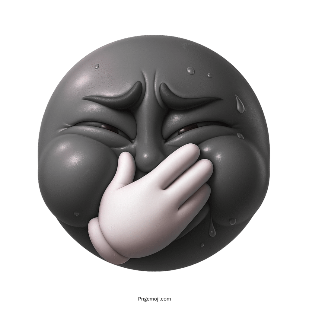 Dark grey emoji holding breath, puffed cheeks, sweat drops, white glove on mouth