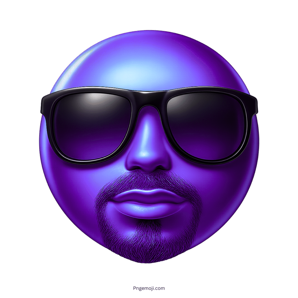 Dark purple emoji face with beard wearing black sunglasses in glossy 3D design