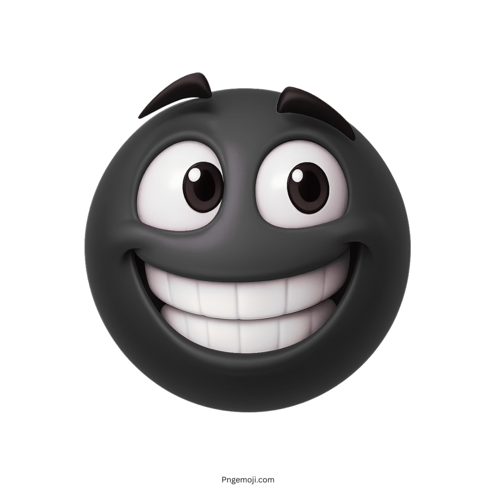 3D black emoji with raised eyebrows and wide white smile showing joyful expression