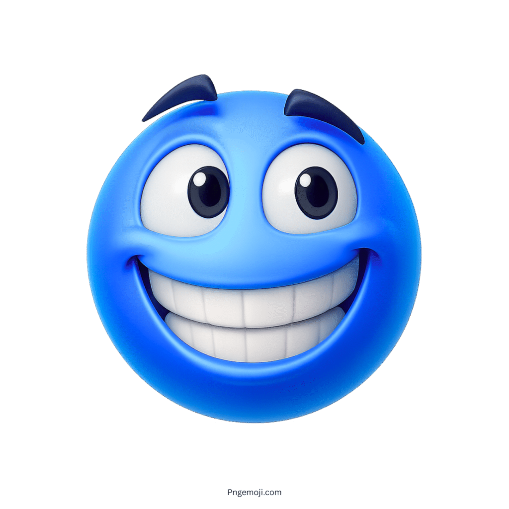 3D blue emoji with wide smile and raised eyebrows expressing excitement and cheerfulness