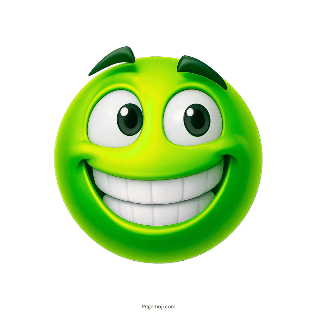 Green 3D emoji face with wide white smile and expressive raised eyebrows