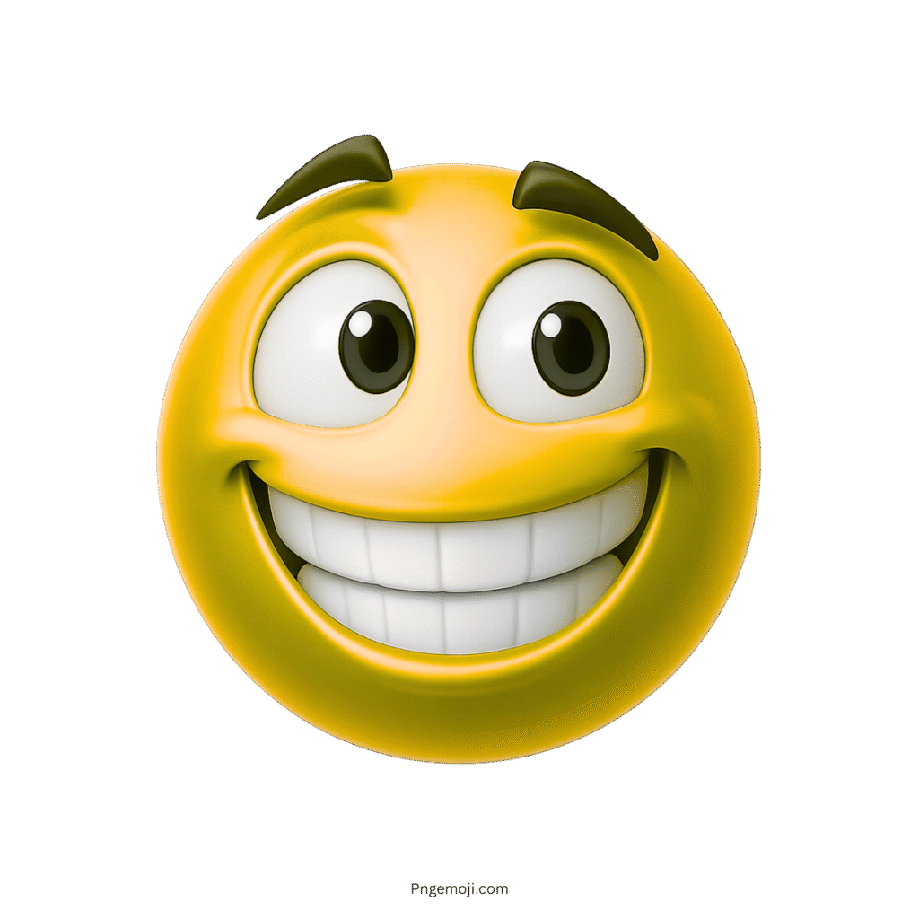 Yellow 3D emoji with big smile and arched eyebrows showing cheerful happiness