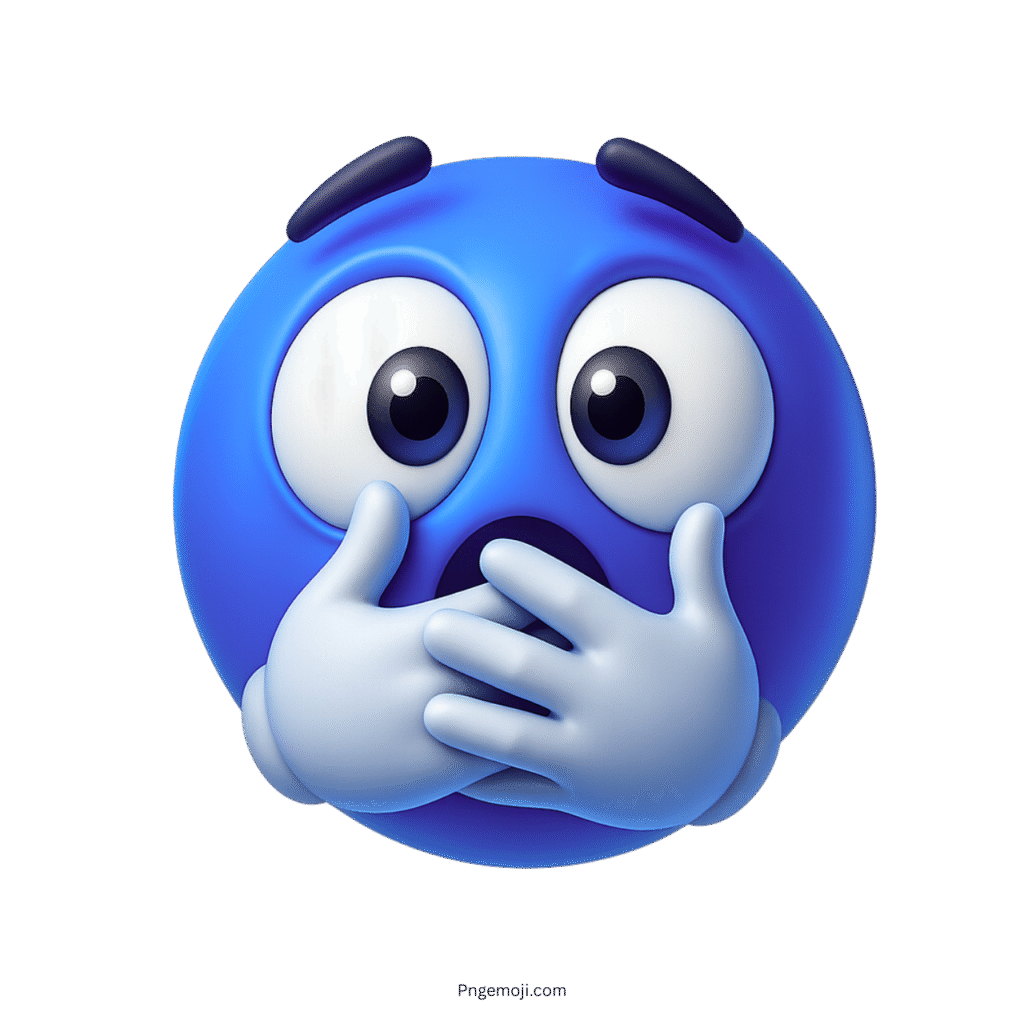 Freaked out blue emoji with big eyes and hands covering mouth in shock