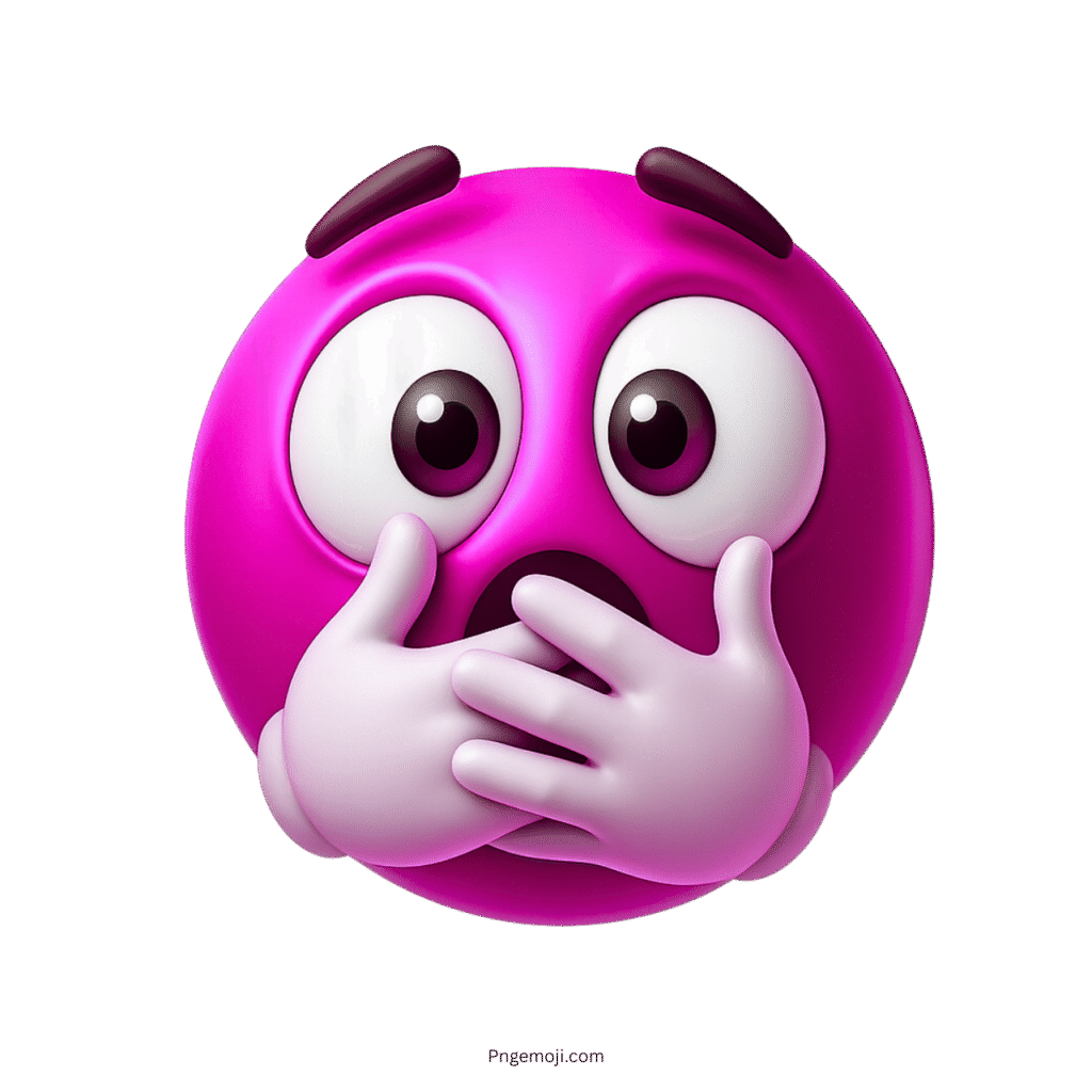 3D purple emoji with wide eyes and hands over mouth showing shock or fear