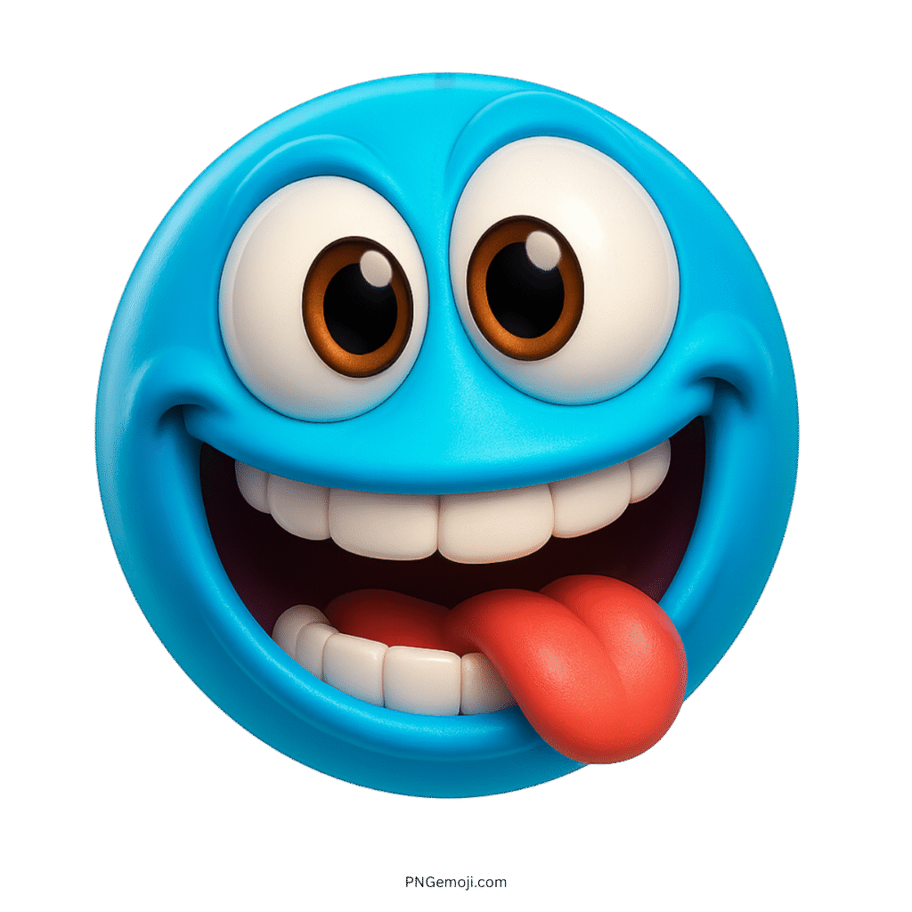 Blue 3D emoji with wide smile, goofy expression, and tongue sticking out playfully