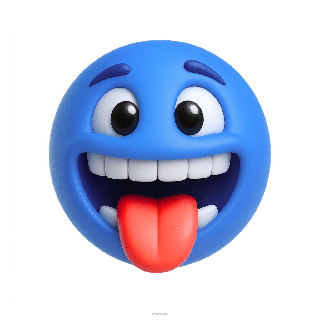 3D blue emoji with tongue out and wide eyes expressing playful goofy happiness