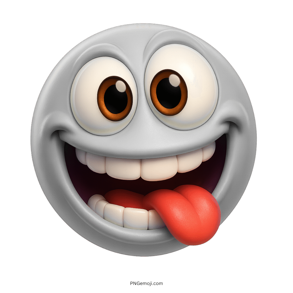 3D gray emoji with big eyes, happy grin, and red tongue sticking out playfully