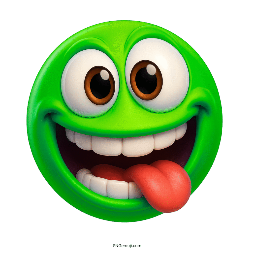 Green 3D emoji with wide grin, cartoon eyes, and tongue sticking out playfully