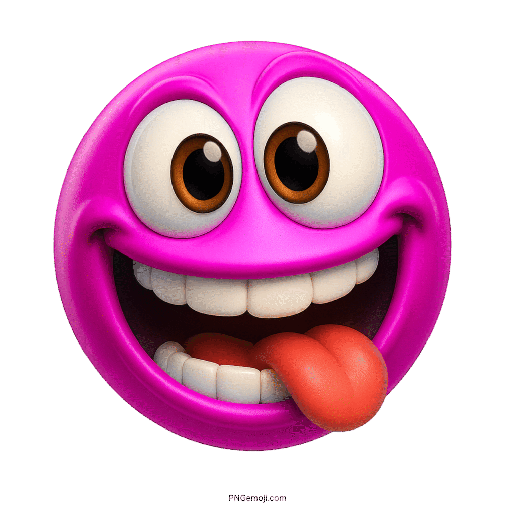 Purple 3D emoji with silly face, big eyes, and tongue sticking out